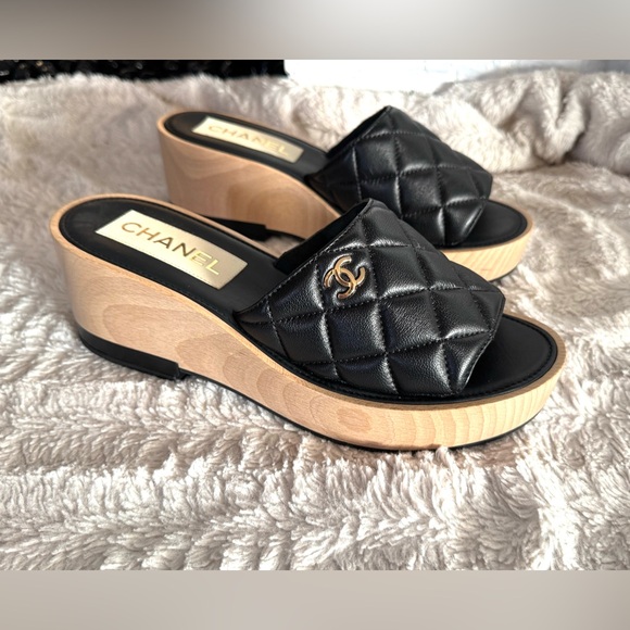 CHANEL Lambskin Quilted CC Wedge Sandals - Picture 12 of 14